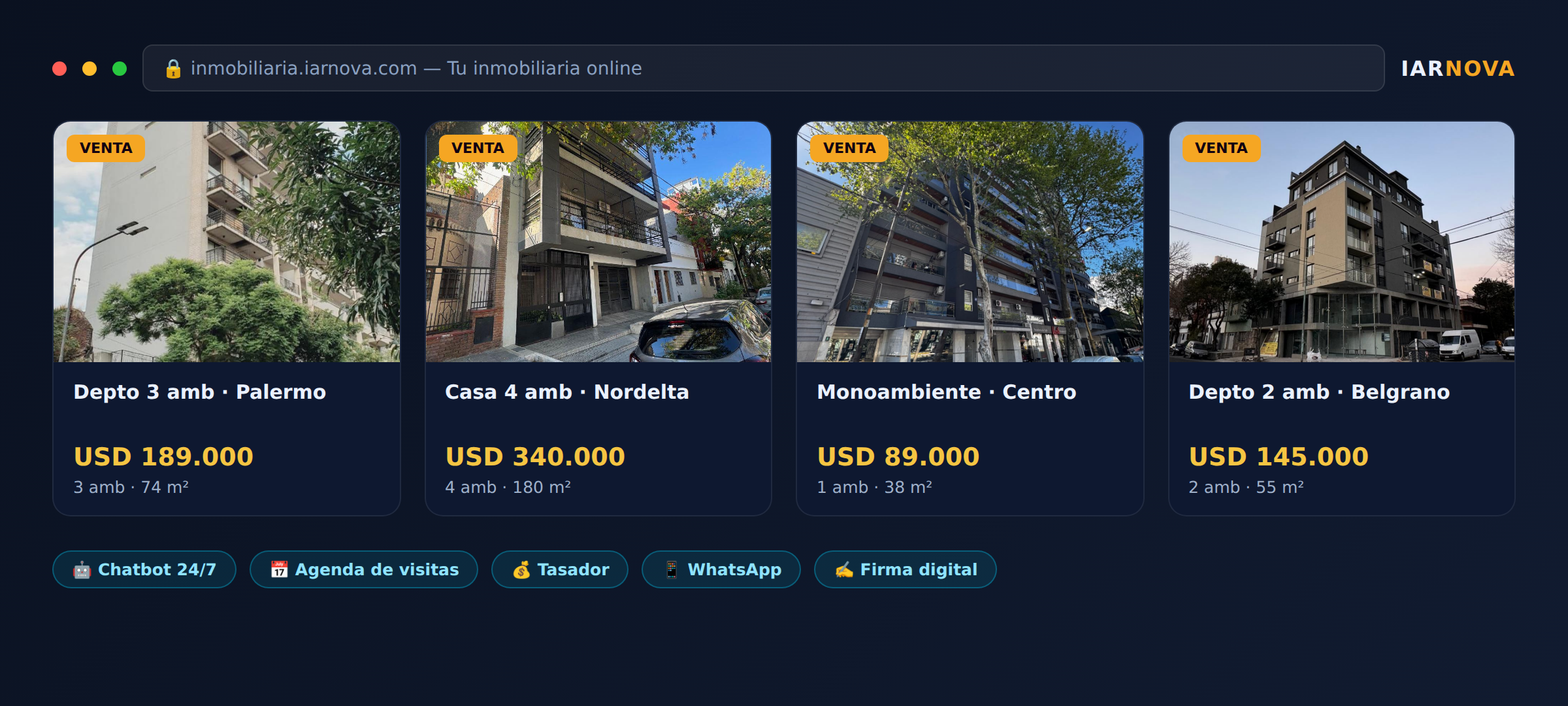 Sistema inmobiliario IARNOVA: listado de propiedades con fotos, precios, chatbot y agenda